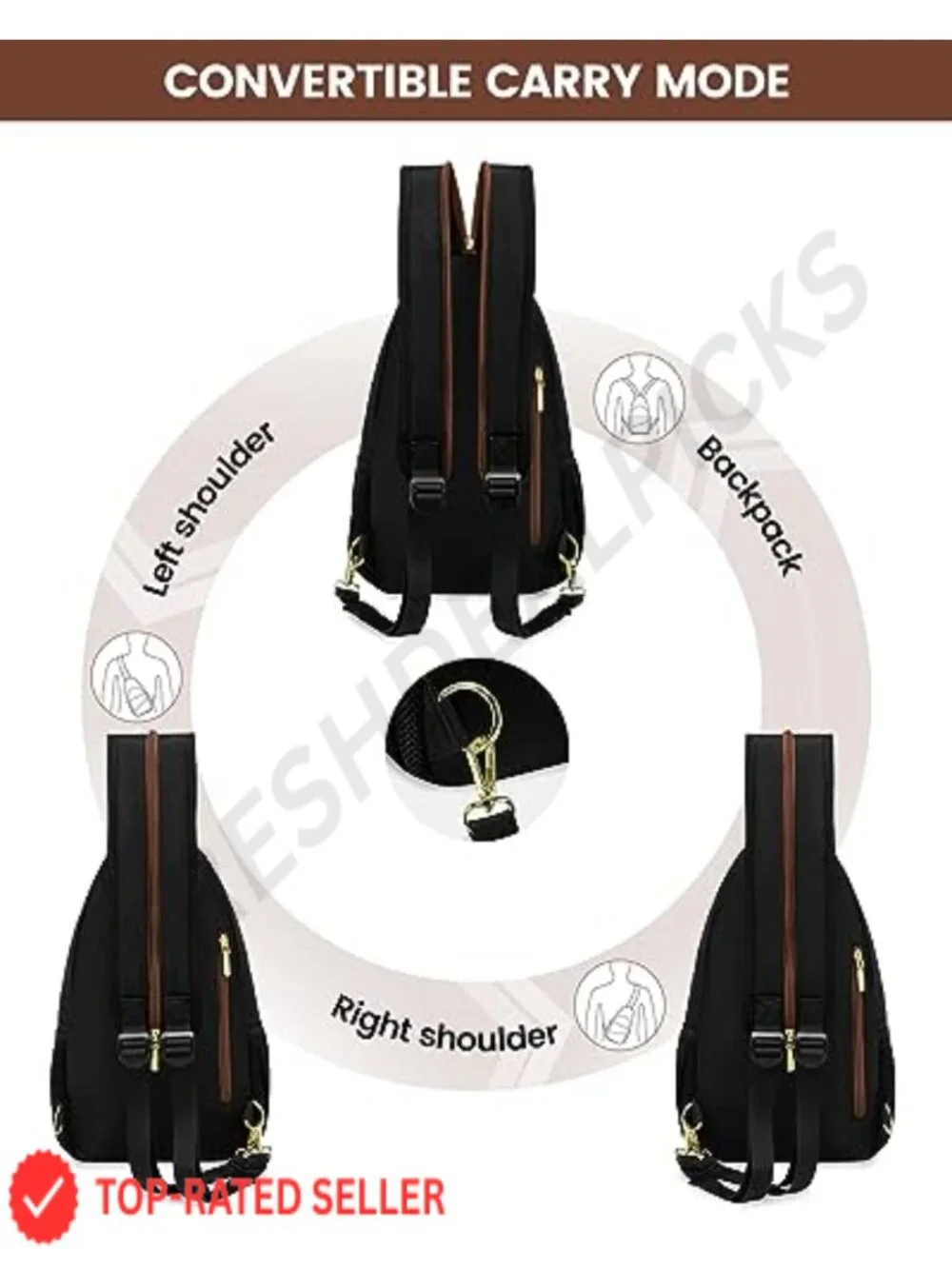 Convertible Sling Backpack for Women, Water-Resistant Travel Crossbody with 16